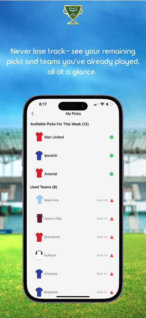 League Of Pundits - La pantalla de la aplicación League of Pundits muestra las selecciones de equipos de fútbol disponibles y utilizadas