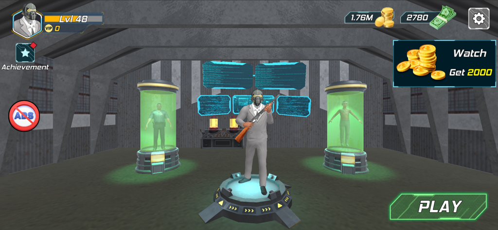 Monster Battle Series - Personaje principal con traje y máscara sosteniendo una escopeta en un vestíbulo de laboratorio futurista