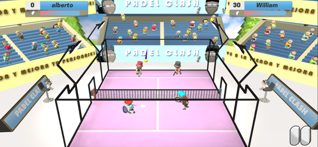 Pantalla de jugabilidad de un partido de pádel de dobles en Padel Clash con personajes 3D coloridos en una pista rosa