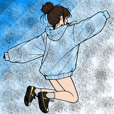 realistic girl jumping with a bun and oversized sweatshirt