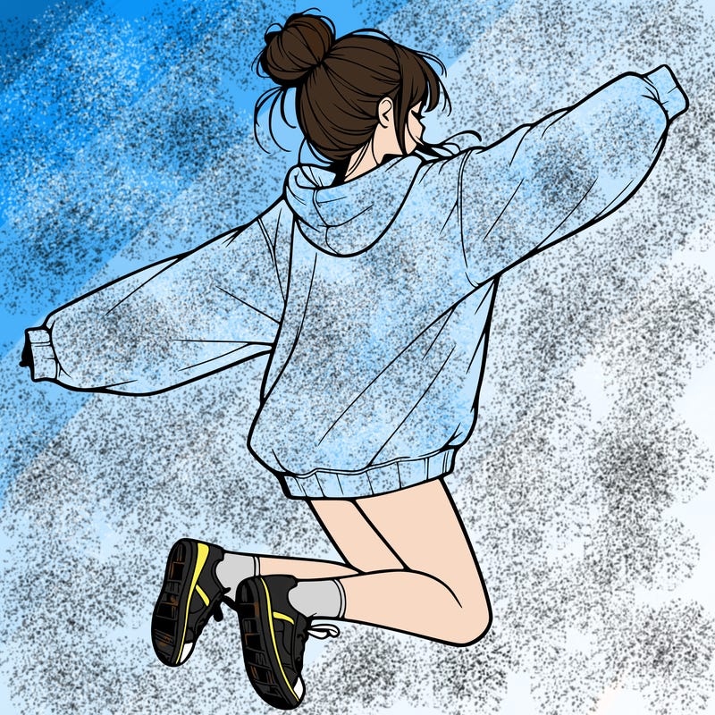 realistic girl jumping with a bun and oversized sweatshirt