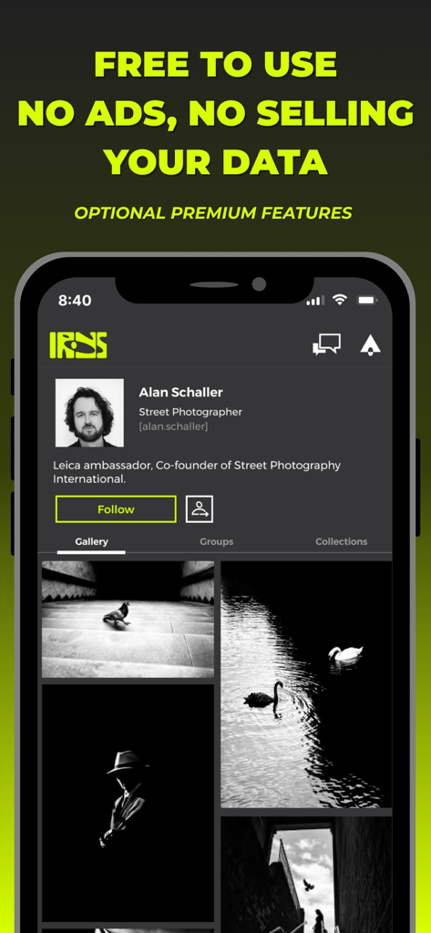 Irys - A profile page in the Irys photography app featuring a street photographer's portfolio and a privacy-focused message.