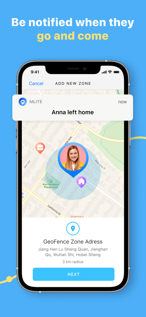 Captura de pantalla de la aplicación mSpy Lite que muestra alertas de geovallas y rastreo de ubicación en tiempo real en un mapa.