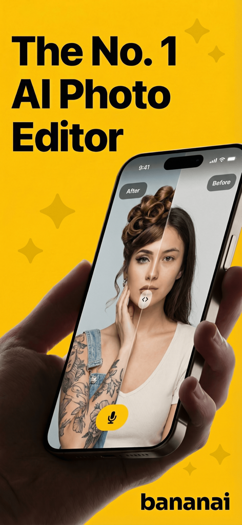 Bananai: AI Photo Editor - Un écran d'iPhone montrant une comparaison avant/après d'une transformation de coiffure à l'aide de l'application d'édition photo IA Bananai