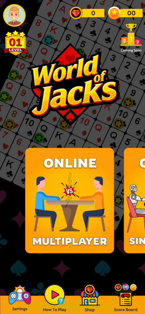 Main menu of the World of Jacks board game showing online multiplayer and single player options over a playing card grid