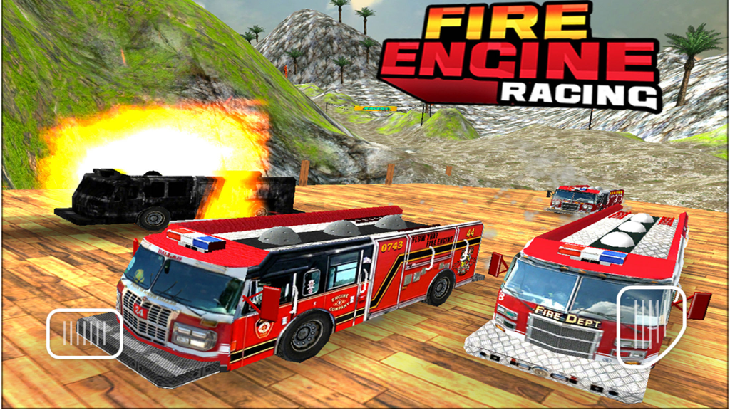 Fire Engine Racing Simulator - Caminhões de bombeiros vermelhos correndo em uma pista de madeira fora de estrada com um fundo de montanha em um jogo de simulação 3D.