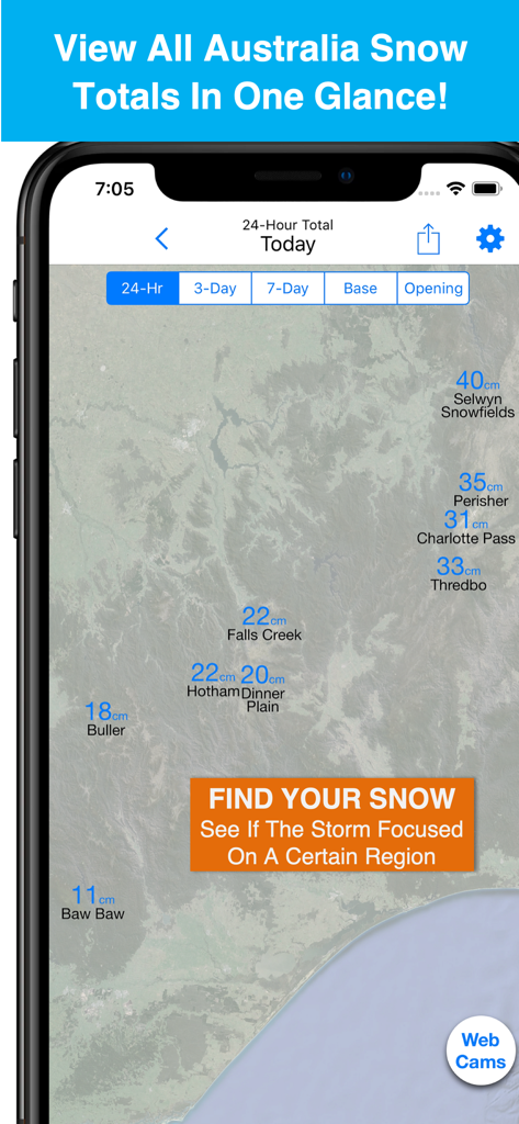 Australia Snow Map & Webcams - Mobile app interface showing a map of Australian ski resorts with 24-hour snowfall totals.
