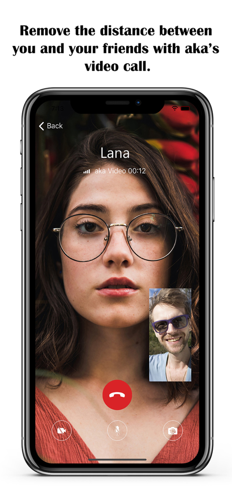 A smartphone showing the aka app video call interface between two users