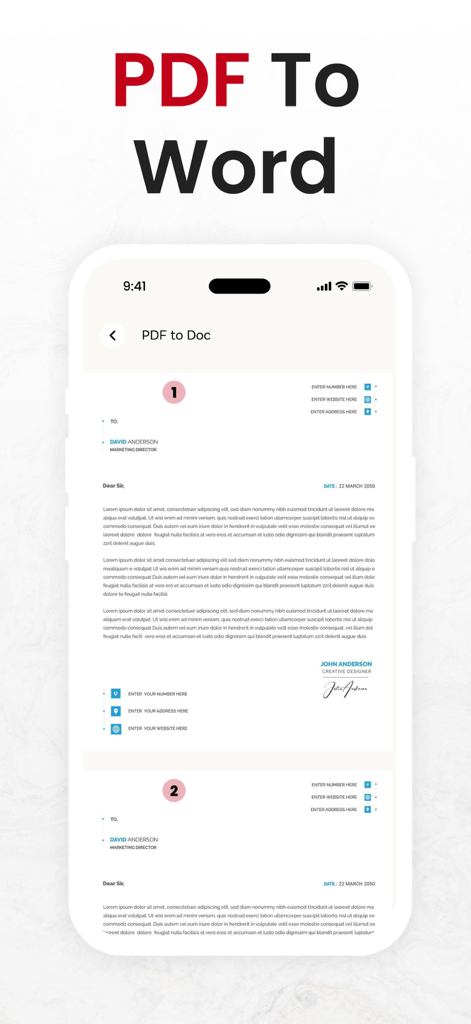 Smartphone screen displaying a PDF to Word conversion feature for business documents