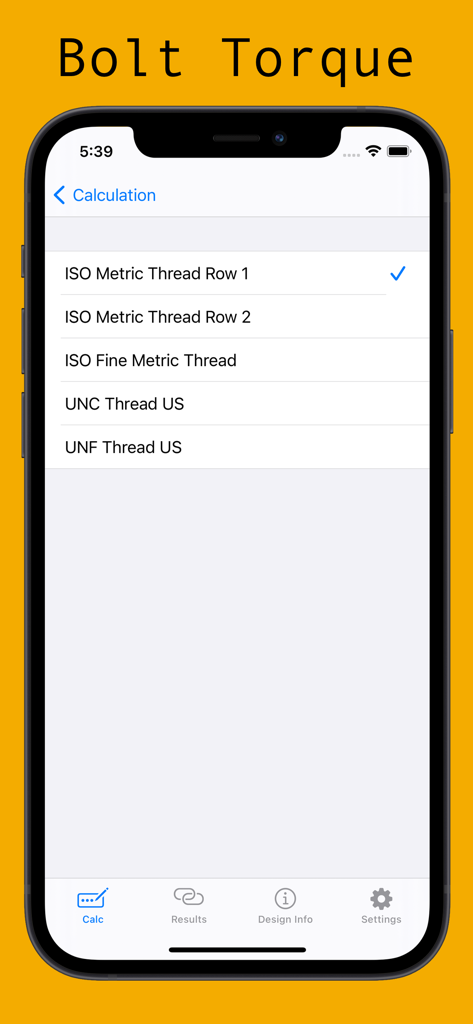 Bolt Torque - Bolt Torque app screen showing thread type selection menu for ISO and US standards