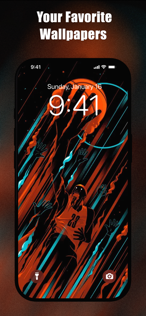 Basketball Wallpapers 4K | HD - 4K 배경화면으로 덩크를 위해 점프하는 농구 선수의 역동적인 예술적인 일러스트를 표시하는 아이폰 잠금 화면.