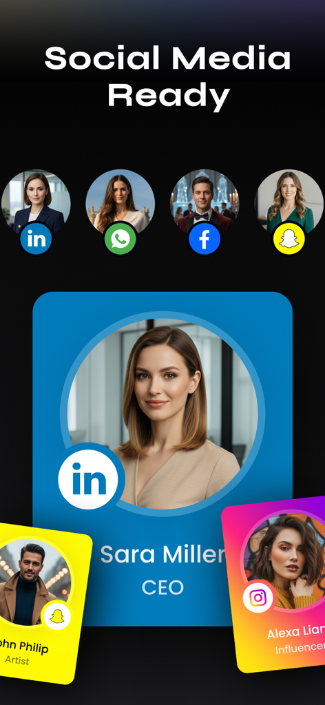 AI Professional Headshot - HS9 - Uma tela de aplicativo móvel com o título Social Media Ready, mostrando retratos profissionais gerados por IA para perfis do LinkedIn, Instagram e Snapchat.