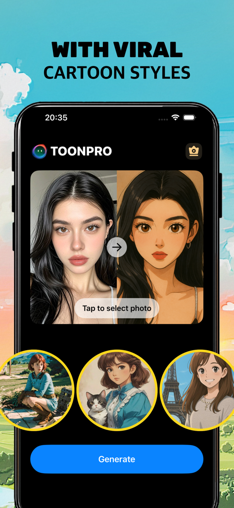 ToonPro - toon your photo - 실제 사진과 바이럴 만화 스타일 변환을 나란히 비교하는 툰프로 앱 인터페이스