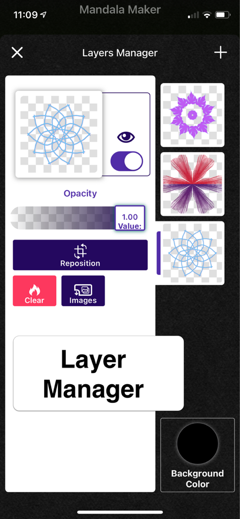 Layer Manager interface in the Mandala Maker app showing multiple drawing layers and editing tools like opacity and repositioning.