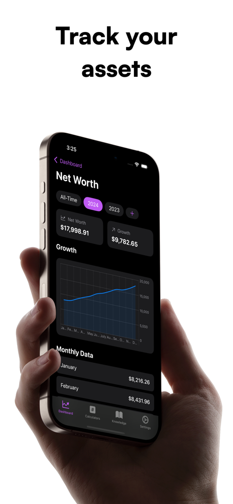 Investr app dashboard showing net worth tracking and growth charts on a smartphone