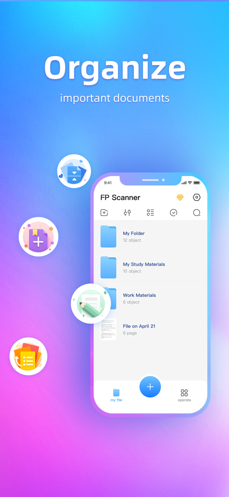 Eine mobile Benutzeroberfläche der FP Scanner App, die organisierte Ordner für Lern- und Arbeitsmaterialien auf einem iPhone zeigt.