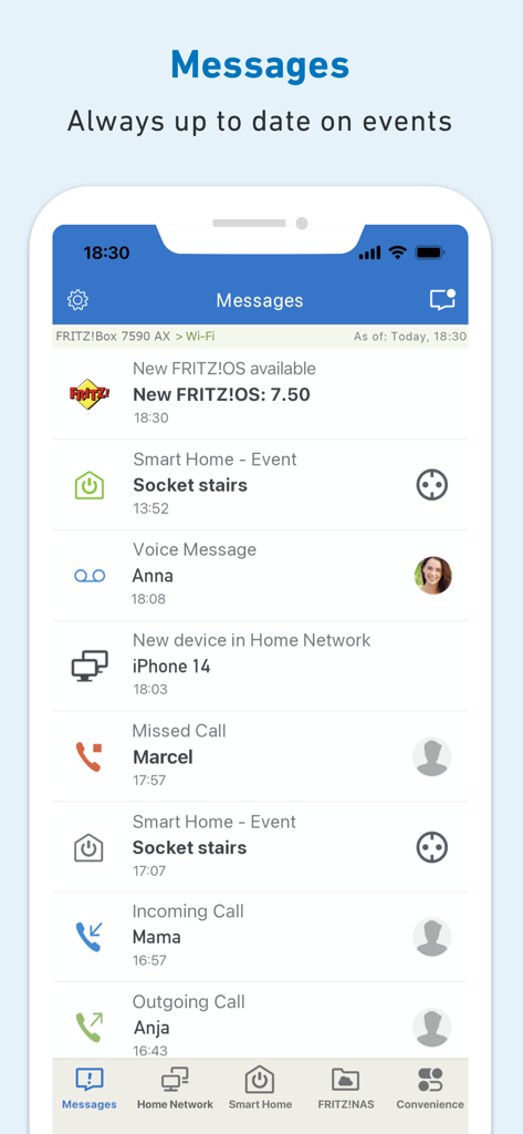MyFRITZ!App - Pantalla de mensajes de MyFRITZ App que muestra una lista de notificaciones de red, eventos del hogar inteligente y llamadas perdidas