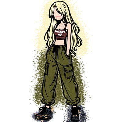 girl in baggy pants crop top and long hair