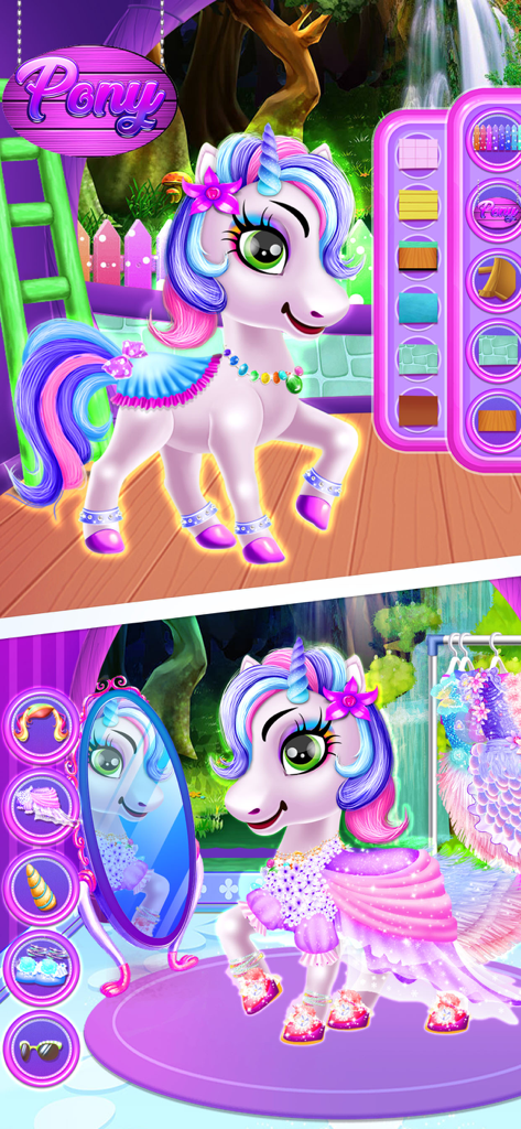 Pony Dress up - Pony Games - A white unicorn being customized with colorful hair and a floral dress in a pony dress up game.