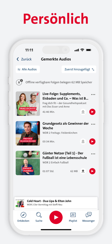 WDR 2 mobile app screen showing a list of saved podcast episodes for offline listening