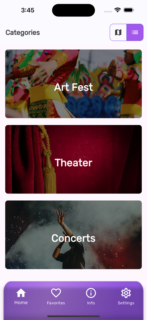 TEA app interface displaying cultural event categories including Art Fest Theater and Concerts