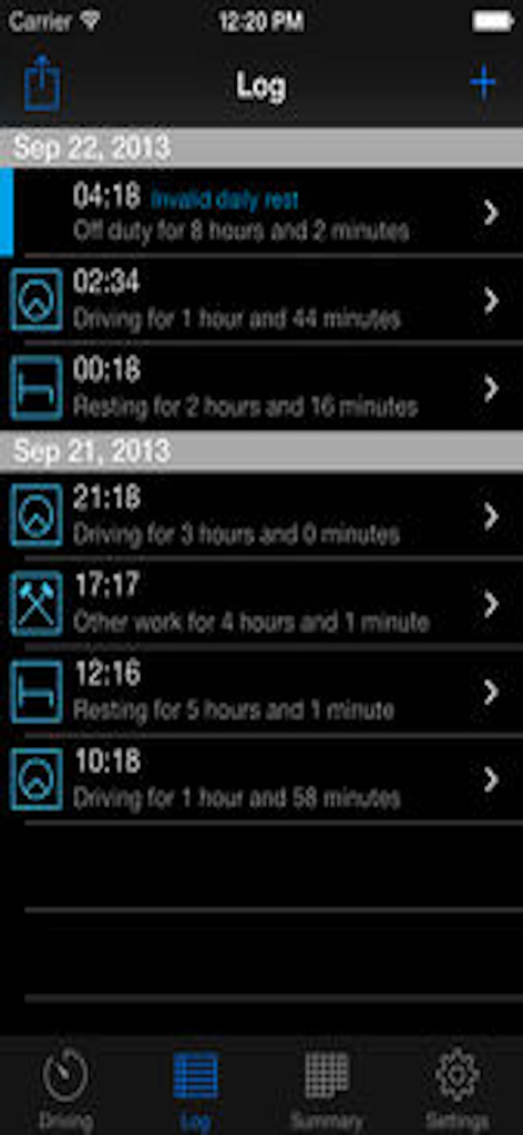 Screenshot of the TruckerTimer app showing a log of driving and resting times for heavy goods vehicle drivers