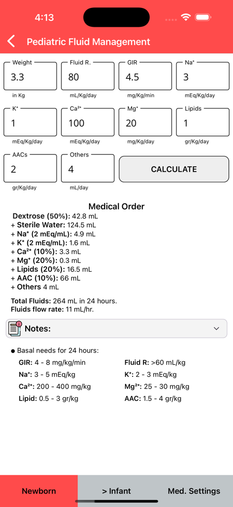 Pediatric fluid management screen in PediaTools app showing calculated medical orders for newborn care