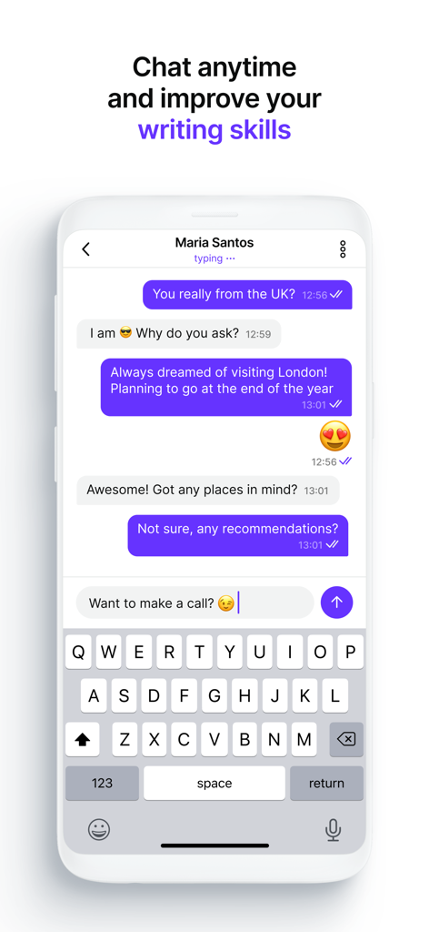 Speak Pal・Talk & Learn English - Speak Pal app interface showing a chat conversation to practice English writing skills