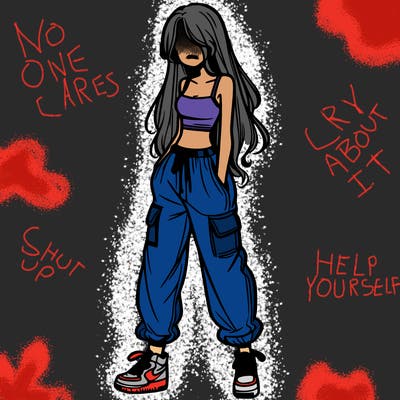 girl in baggy pants crop top and long hair