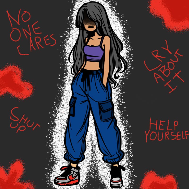 girl in baggy pants crop top and long hair