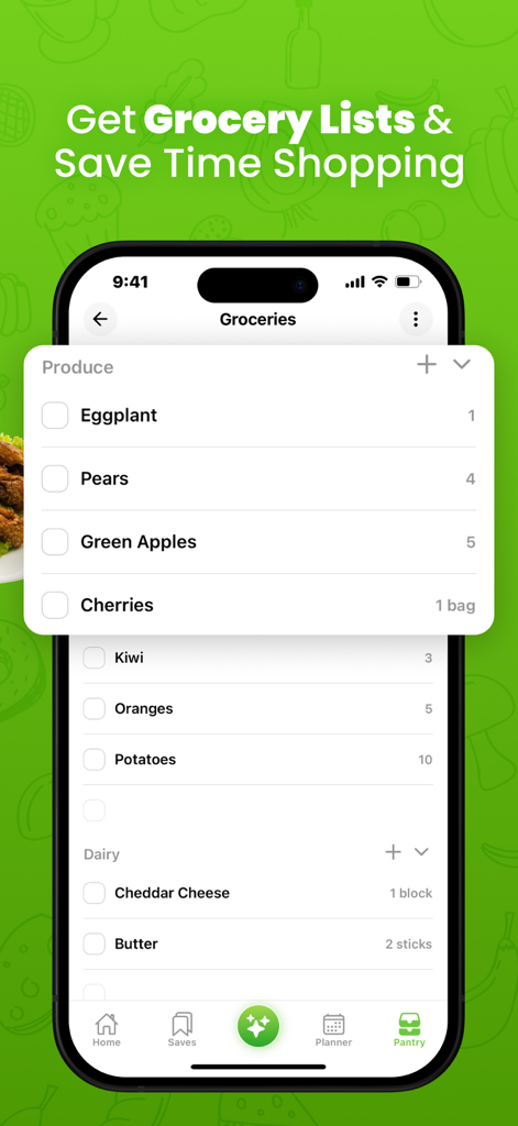 Captura de pantalla de la función de lista de compras de la aplicación Cookpanion que muestra una lista de compras organizada con categorías de productos agrícolas y lácteos.
