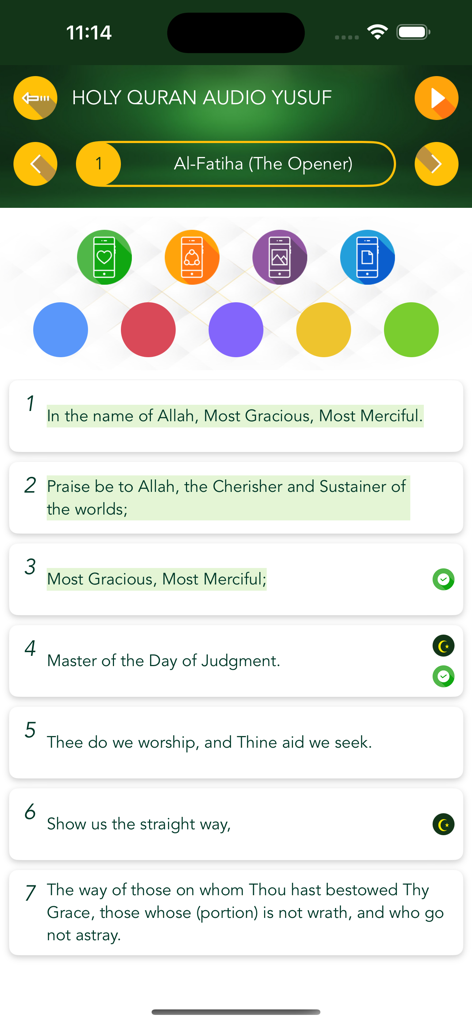 Holy Quran Audio Yusuf app reading interface with Al-Fatiha English translation and color customization