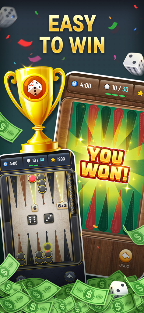 A golden trophy and cash surrounding a backgammon winning screen with the text Easy To Win