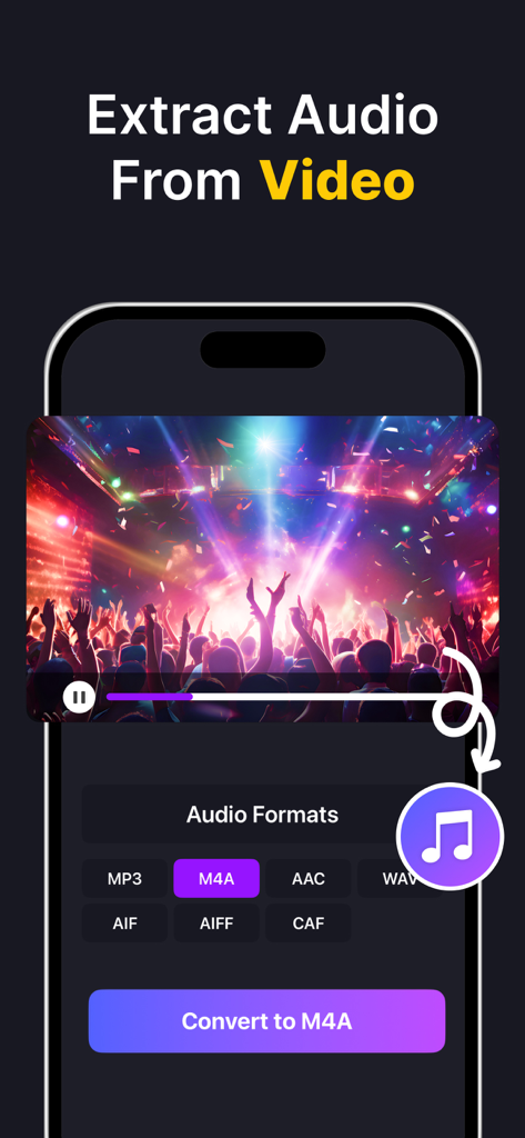Audio Converter MP3 Converter - Smartphone screen showing the feature to extract audio from video in the Audio Converter app