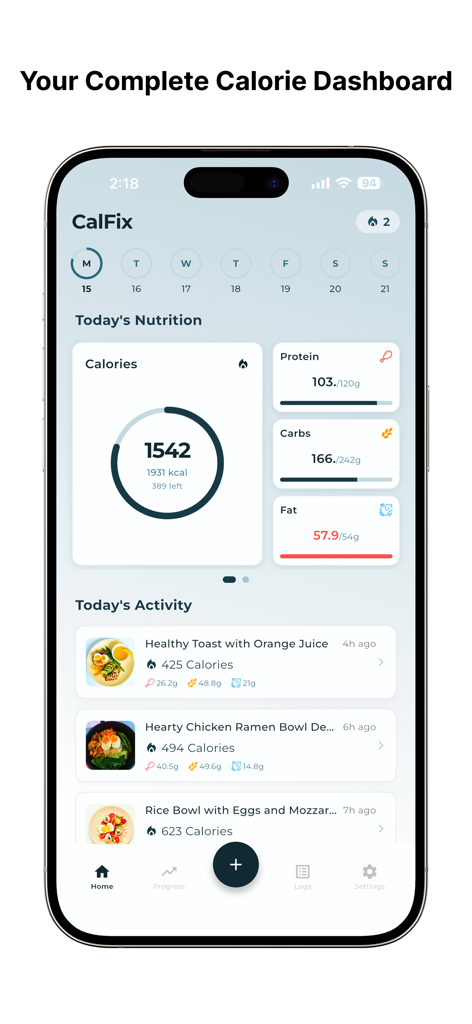 CalFix – AI Calorie Tracker - CalFix app dashboard displaying daily calorie intake and macro nutrients breakdown