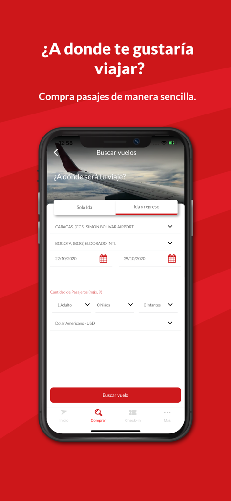 Interface móvel do aplicativo Avior Air para pesquisar e reservar voos.