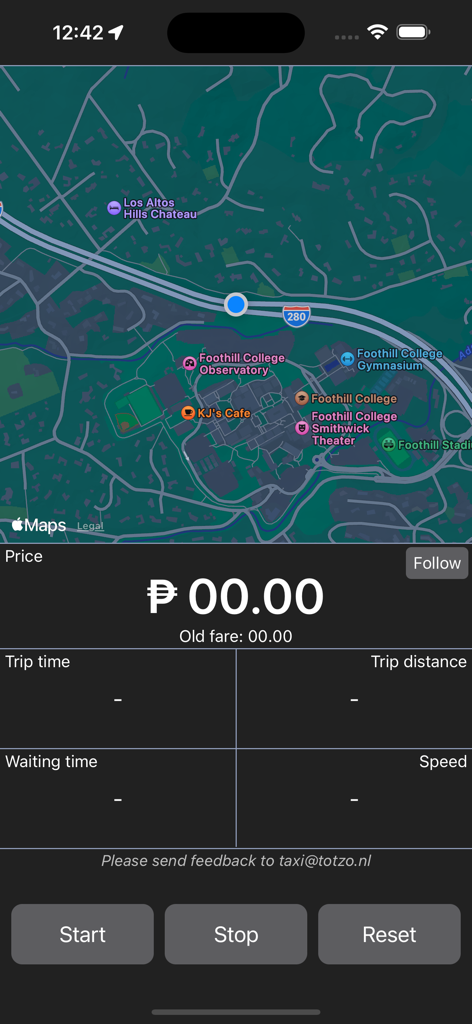 Manila Taxi-meter - Screenshot of the Manila Taxi-meter app showing a map and the fare calculation dashboard with start and stop buttons.
