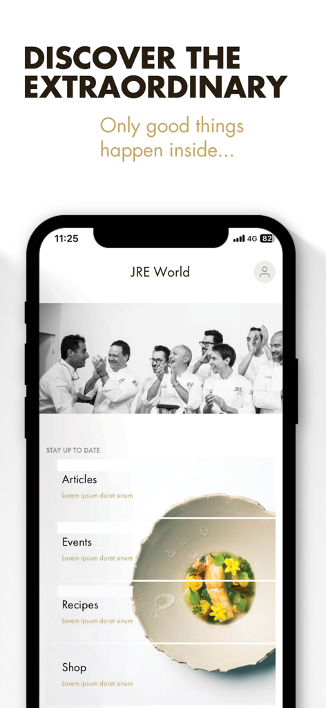 Pantalla de inicio de la aplicación JRE Jeunes Restaurateurs que muestra artículos y eventos culinarios