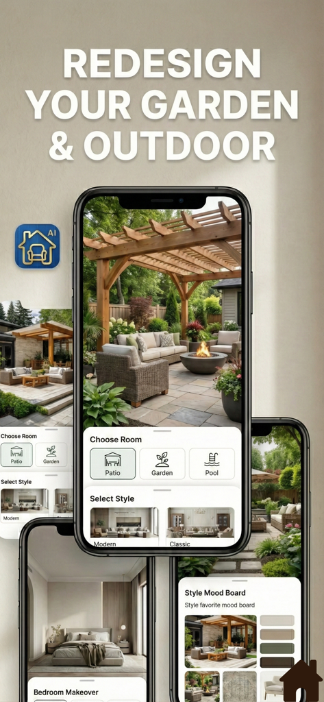 Room Planner AI Home Design - AI app interface displaying a garden and outdoor patio redesign