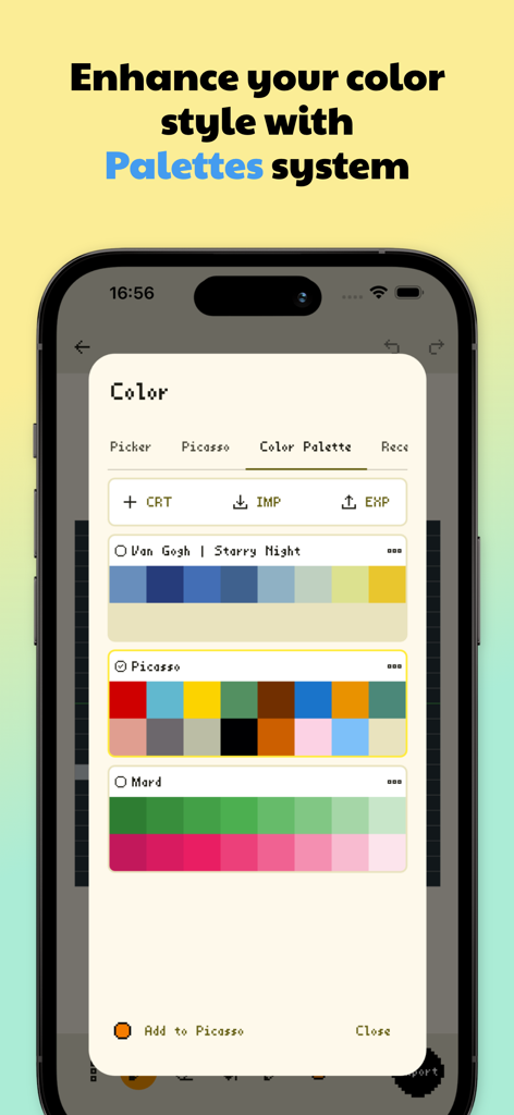Dot Lab - Perler beads pattern - Dot Lab app interface showing color palette management with artist inspired schemes for pixel art