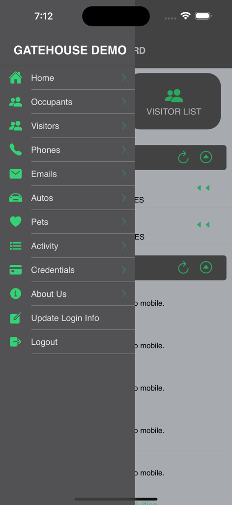 GateHouse® Resident Phone App - Navigation sidebar of the GateHouse Resident Phone App with options for managing visitors, occupants, and autos