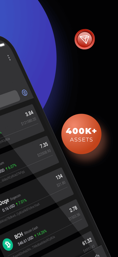 Mobile dashboard of Guarda Crypto Wallet showing digital assets including Dogecoin and Bitcoin Cash with a 400K plus assets badge