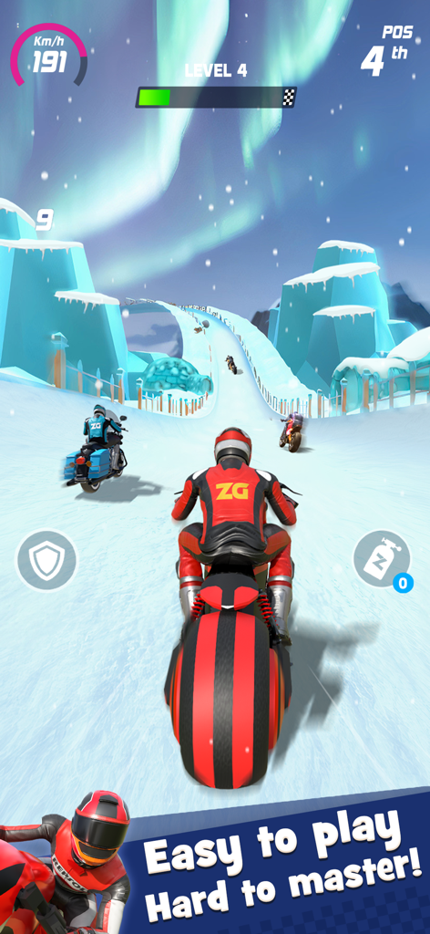 Moto Race: Racing Game - Une course de moto à haute vitesse sur une piste de montagne enneigée sous les aurores boréales
