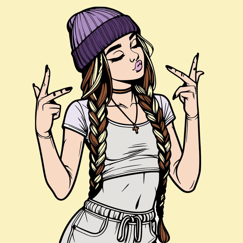 realistic teenage girl with braids and a beanie and crop top doing 🫶🏼