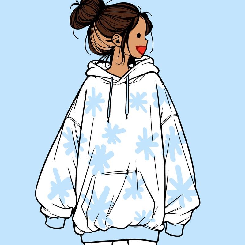 realistic girl with a oversized sweatshirt on and a bun
