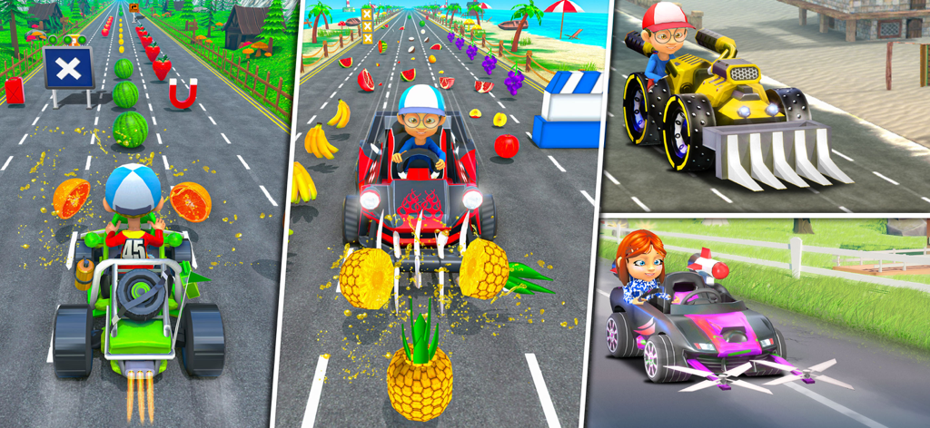 Un collage que muestra varios mini coches y personajes en modos de juego de romper frutas y carreras.