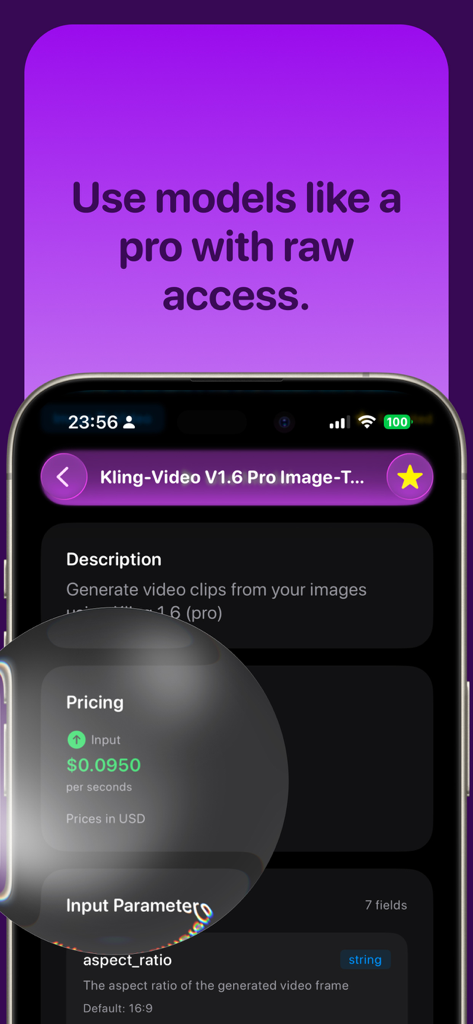 Oberfläche, die Details des Kling-Video-Modells einschließlich Beschreibung, Preisgestaltung und Eingabeparametern in der Fortune AI App zeigt