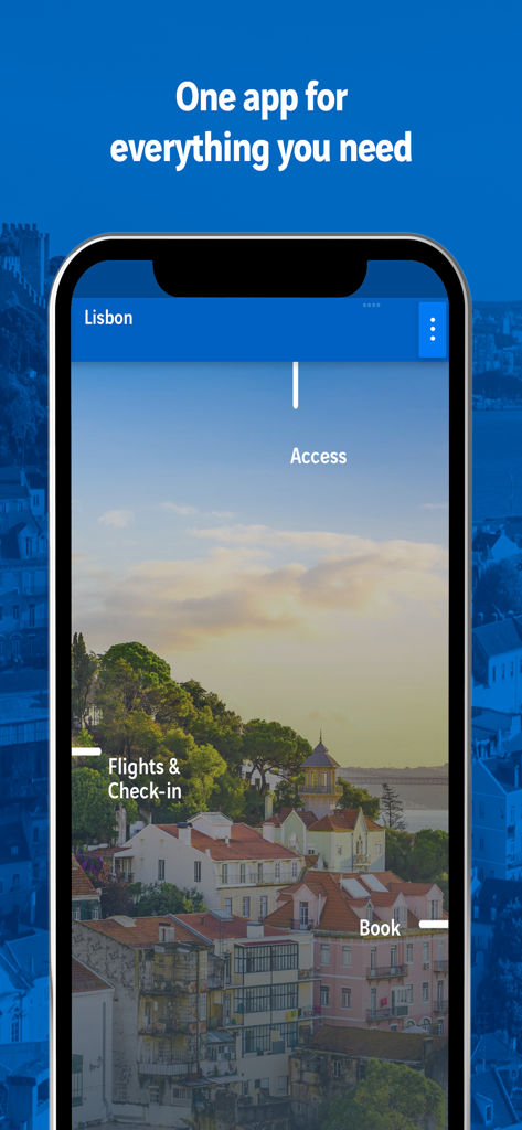 ANA Portuguese Airports mobile app home screen for Lisbon showing flight tracking and booking options.