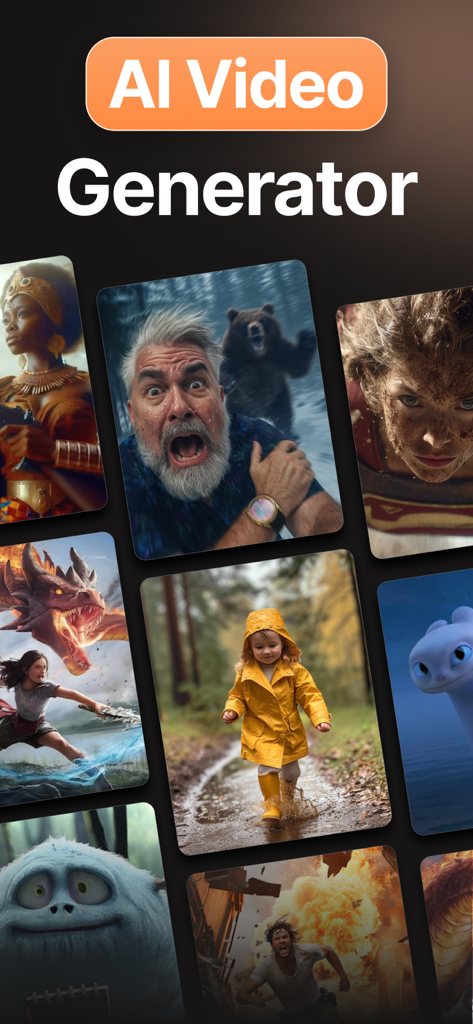 Eine Collage aus verschiedenen KI-generierten Videostilen, darunter kinoreife Actionszenen, realistische Porträts und animierte Charaktere aus der KI-Videogenerator-App.