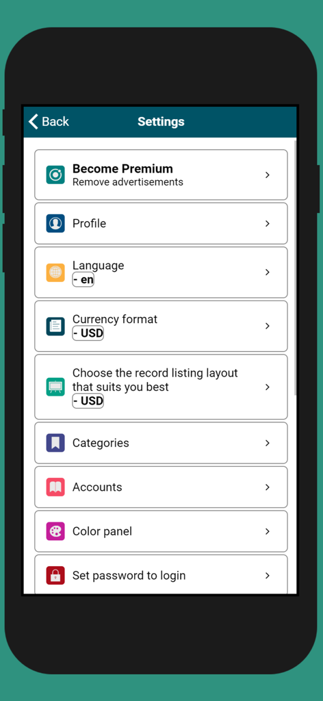 Menú de configuración de la aplicación Easy Money Manager que muestra opciones de configuración de idioma, moneda y cuenta